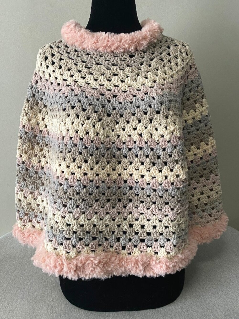 Handmade Crochet Muted Grey Blue Pink Cream Cotton Acrylic Poncho